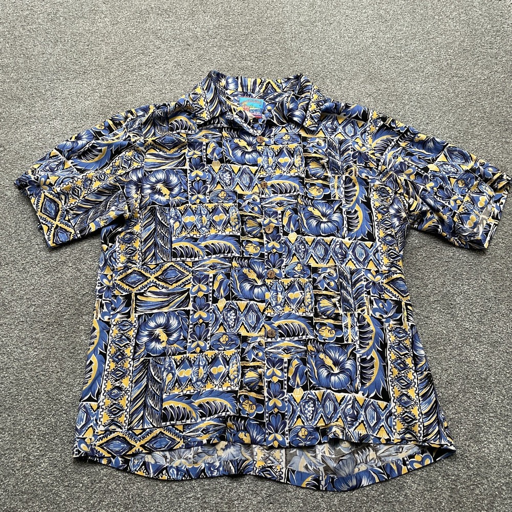 VINTAGE Joe Kealoha Shirt Large Blue Yellow Abstract Print 80s 90s Rayon USA